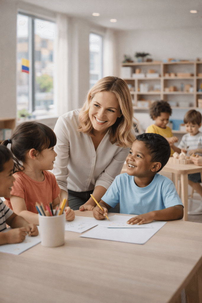 Educadora acompañando a niños en un entorno de aprendizaje infantil